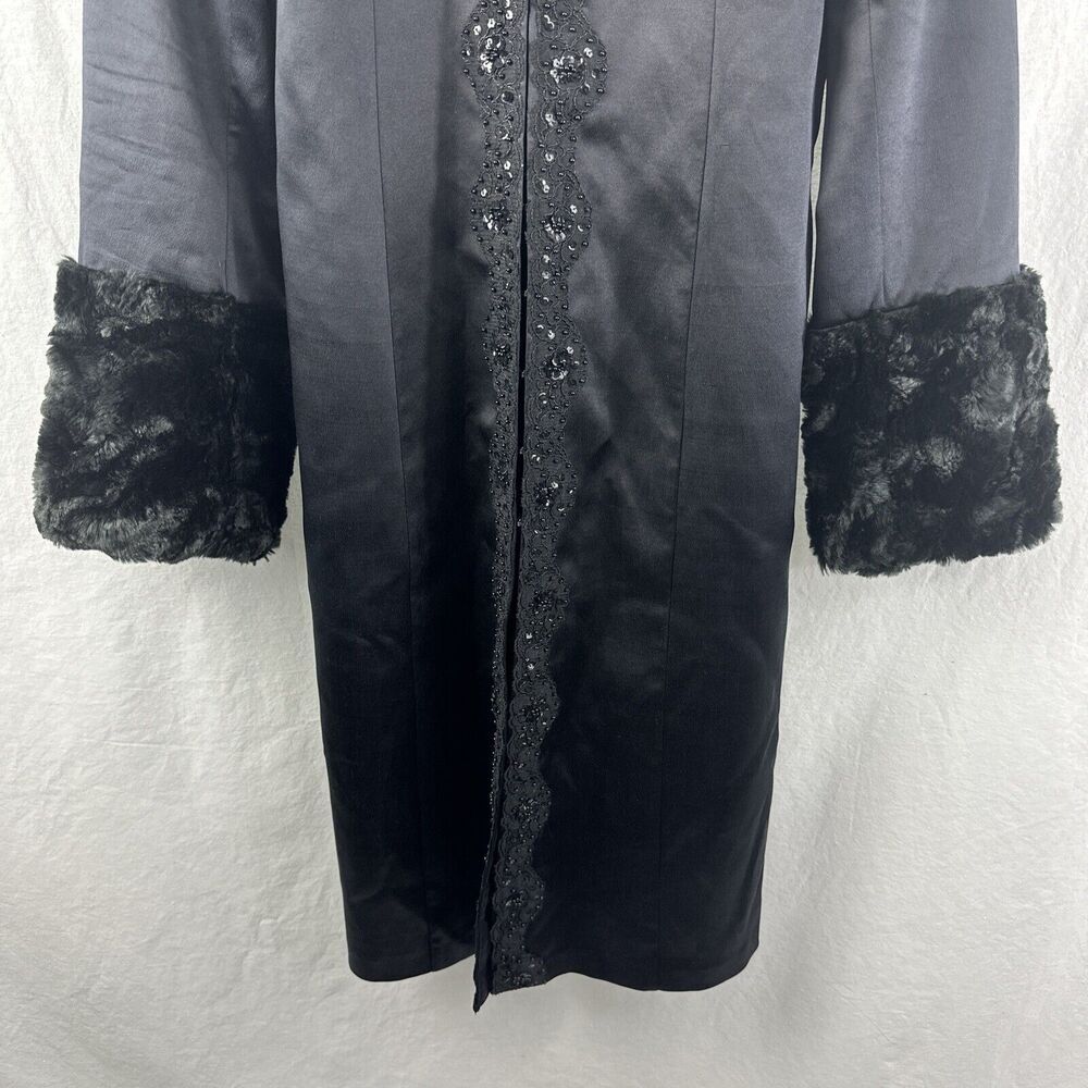 Hype Vintage Faux Fur Sequin Trim Black Silk Goth Evening Long Jacket Womens 8 - Picture 5 of 15